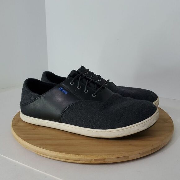 OluKai Men's Nohea Moku Hulu Leather Sneakers Black Grey Drop Heel Size 9 - Picture 1 of 7